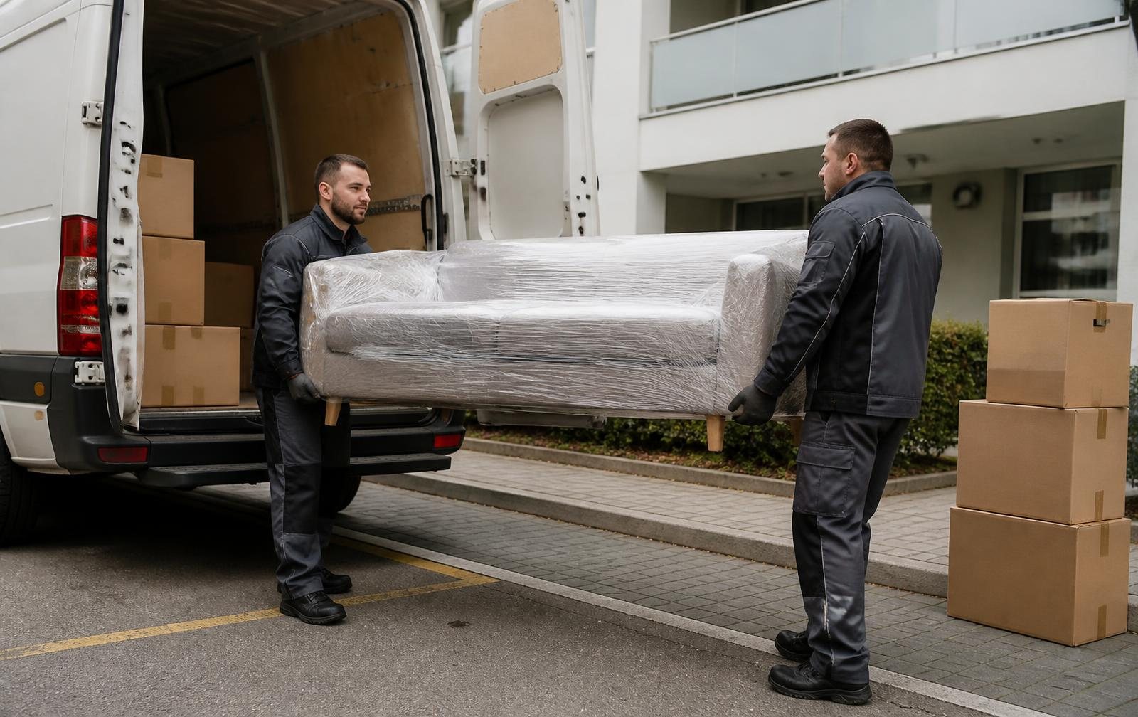 Zwei ARA Mitarbeiter verladen ein verpacktes Sofa und Umzugskartons in einen Transporter vor einem Schweizer Wohnhaus